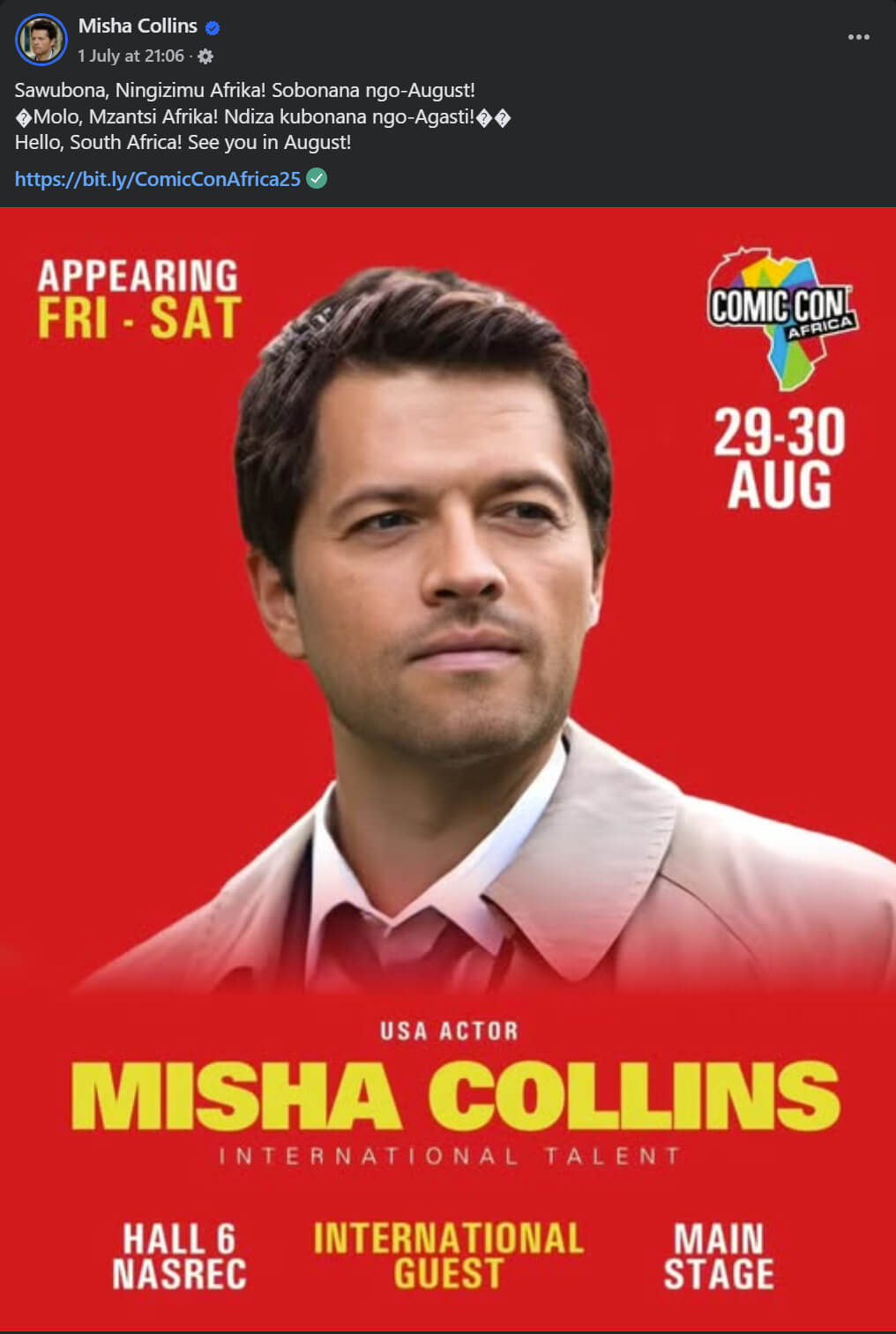 Misha Collins confirmed for Comic Con Africa