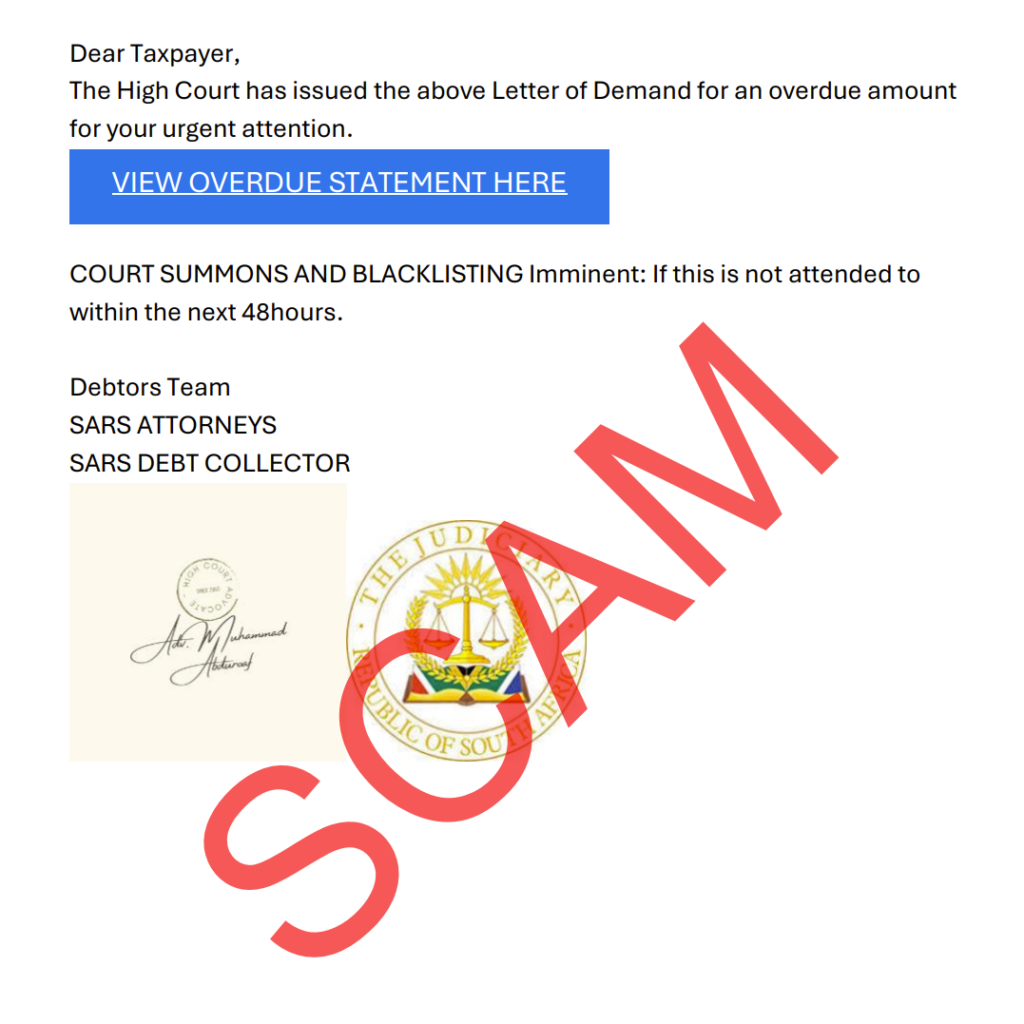 Examples of fake Tax related SARS AI scams